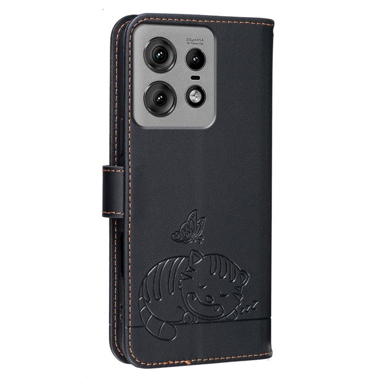 For Motorola Edge 50 Pro Cat Butterfly Embossed RFID Vegan Leather Phone Case with Strap