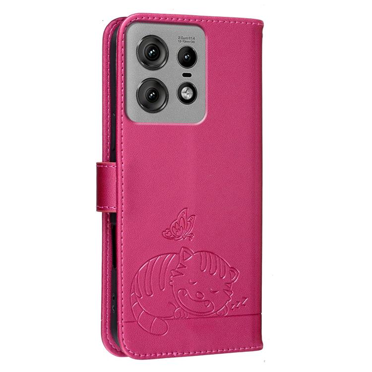 For Motorola Edge 50 Pro Cat Butterfly Embossed RFID Vegan Leather Phone Case with Strap