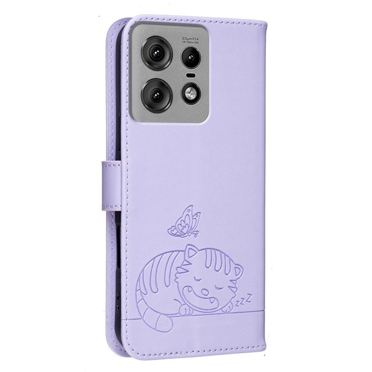 For Motorola Edge 50 Pro Cat Butterfly Embossed RFID Vegan Leather Phone Case with Strap