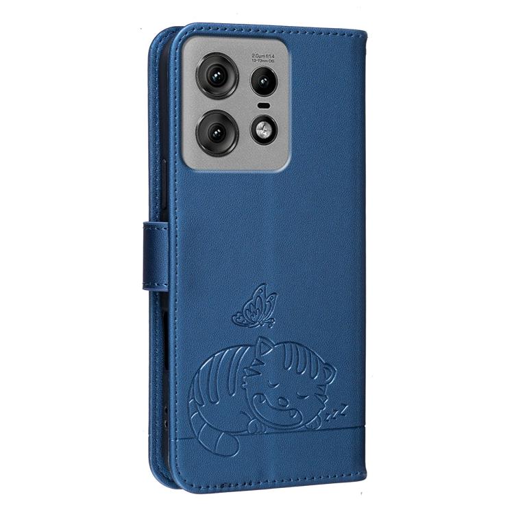 For Motorola Edge 50 Pro Cat Butterfly Embossed RFID Vegan Leather Phone Case with Strap