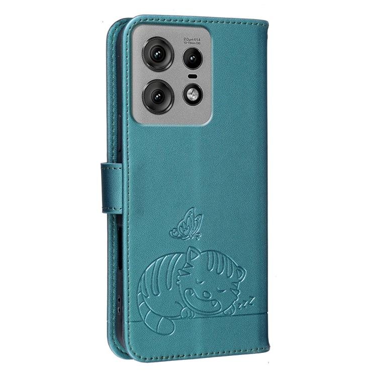 For Motorola Edge 50 Pro Cat Butterfly Embossed RFID Vegan Leather Phone Case with Strap