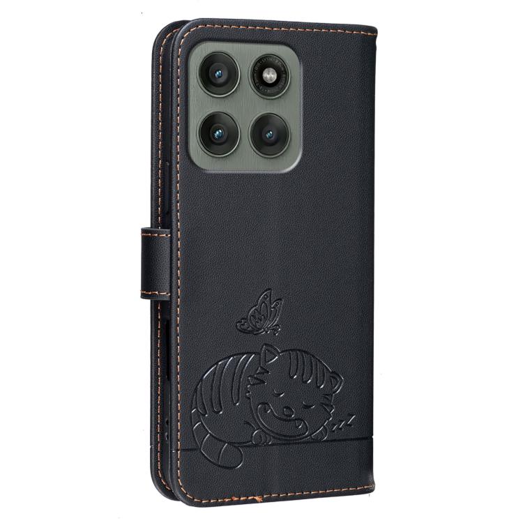 For Motorola Edge 60 Pro Cat Butterfly Embossed RFID Vegan Leather Phone Case with Strap