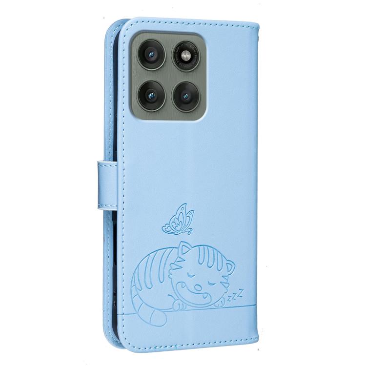 For Motorola Edge 60 Pro Cat Butterfly Embossed RFID Vegan Leather Phone Case with Strap