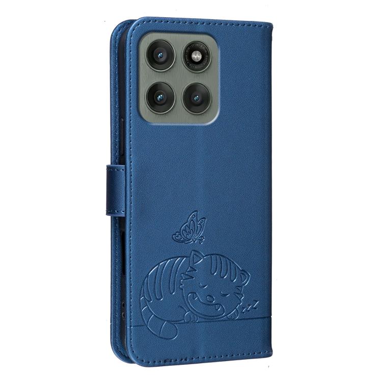 For Motorola Edge 60 Pro Cat Butterfly Embossed RFID Vegan Leather Phone Case with Strap