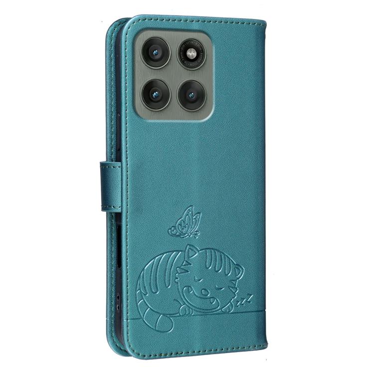 For Motorola Edge 60 Pro Cat Butterfly Embossed RFID Vegan Leather Phone Case with Strap