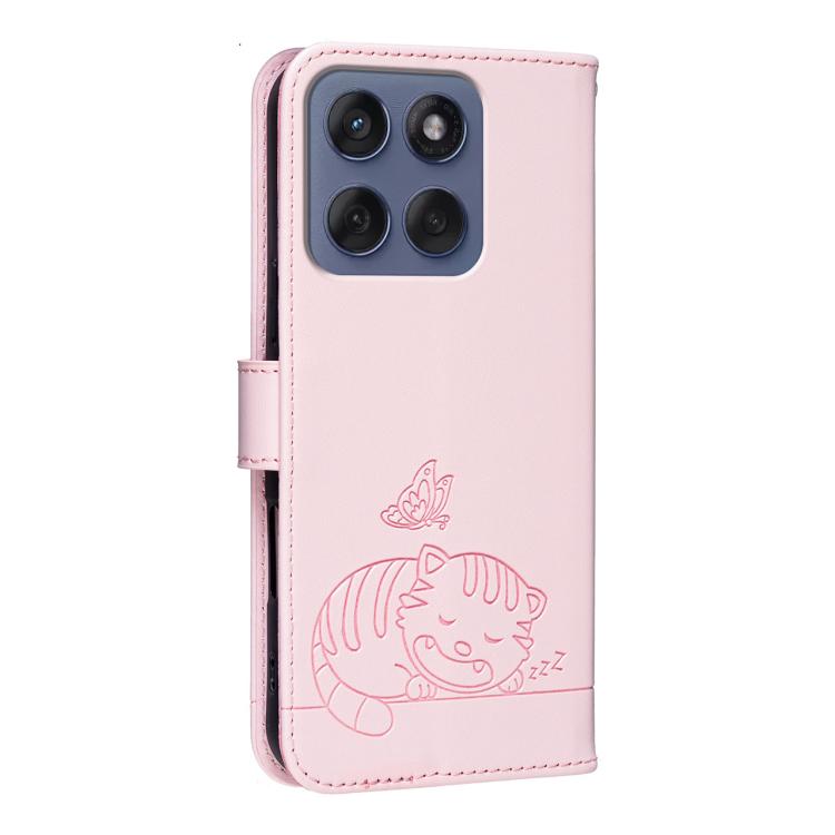For Motorola Edge 70 Cat Butterfly Embossed RFID Vegan Leather Phone Case with Strap