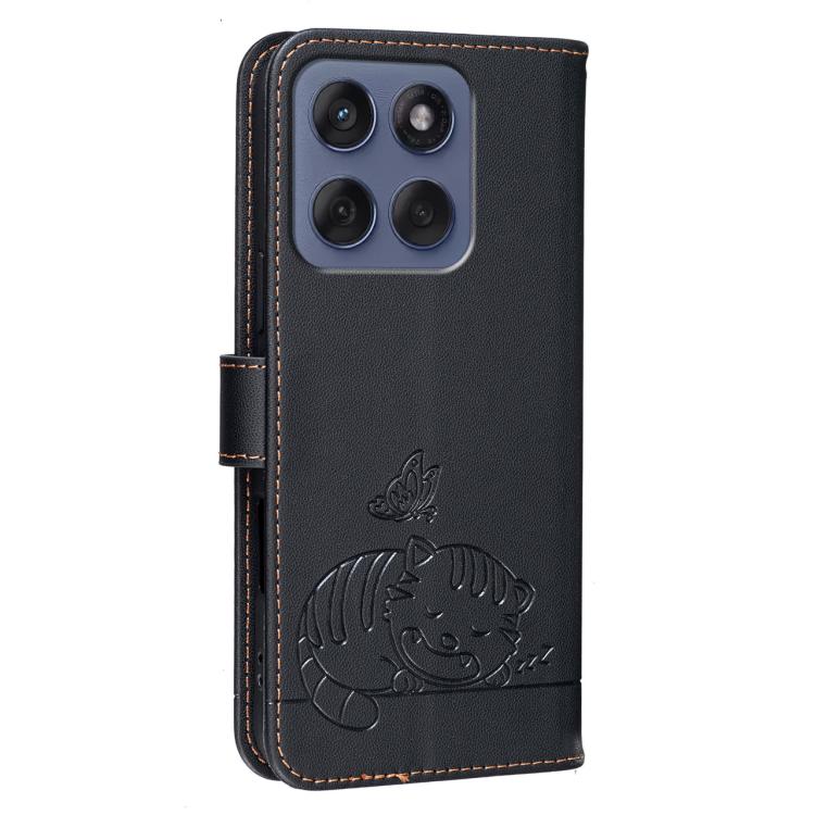 For Motorola Edge 70 Cat Butterfly Embossed RFID Vegan Leather Phone Case with Strap
