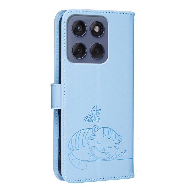 For Motorola Edge 70 Cat Butterfly Embossed RFID Vegan Leather Phone Case with Strap