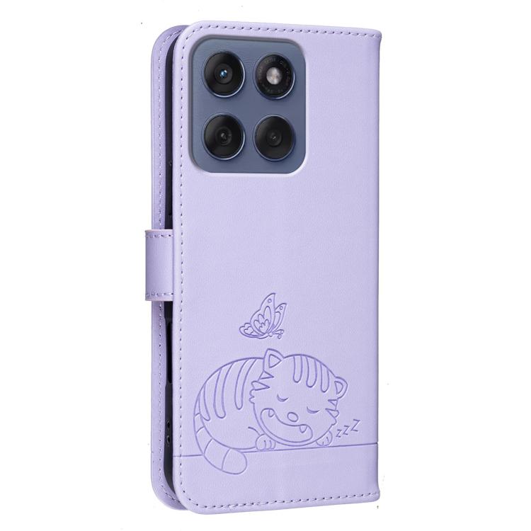 For Motorola Edge 70 Cat Butterfly Embossed RFID Vegan Leather Phone Case with Strap