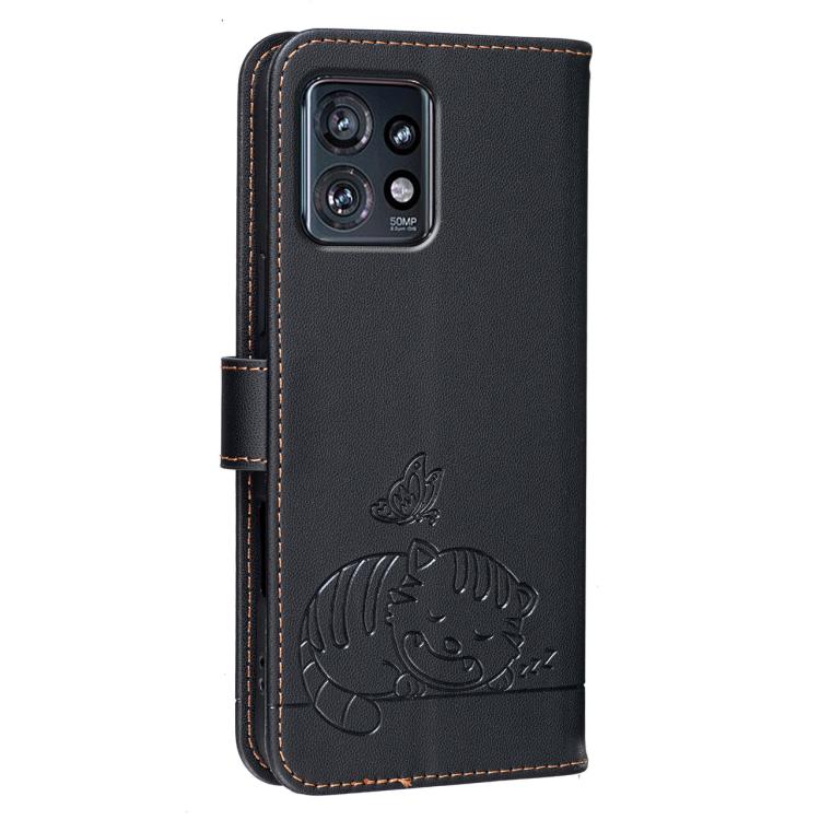 For Motorola Edge+ 2023 Cat Butterfly Embossed RFID Vegan Leather Phone Case with Strap