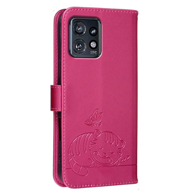 For Motorola Edge+ 2023 Cat Butterfly Embossed RFID Vegan Leather Phone Case with Strap