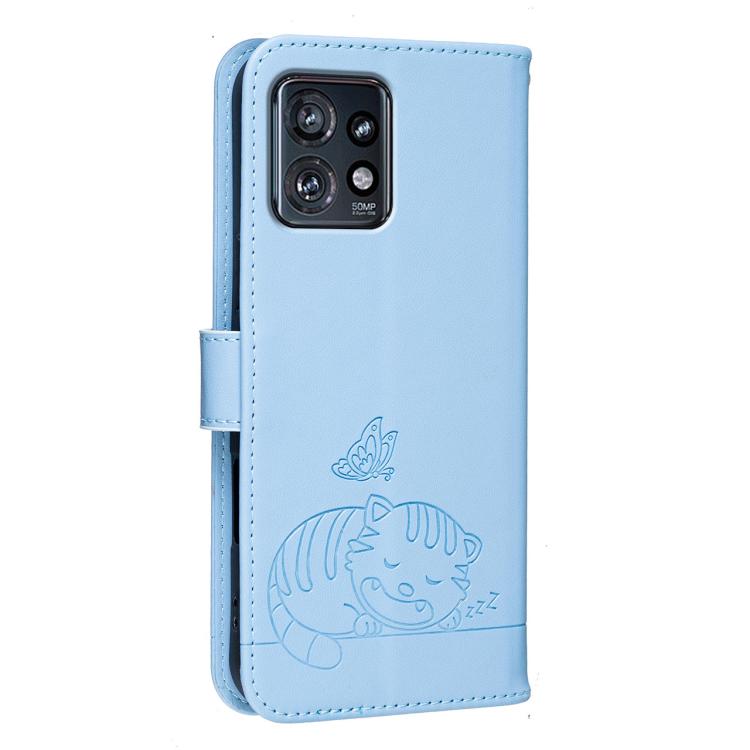 For Motorola Edge+ 2023 Cat Butterfly Embossed RFID Vegan Leather Phone Case with Strap