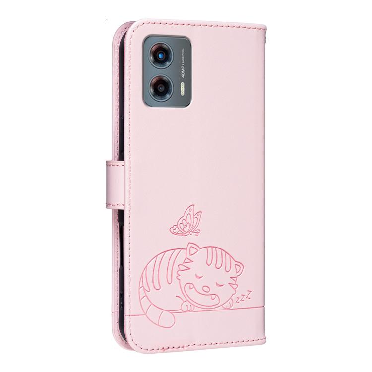 For Motorola Moto G 5G 2023 Cat Butterfly Embossed RFID Vegan Leather Phone Case with Strap