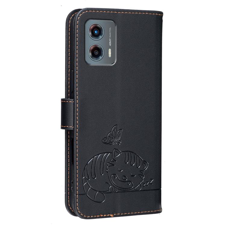 For Motorola Moto G 5G 2023 Cat Butterfly Embossed RFID Vegan Leather Phone Case with Strap