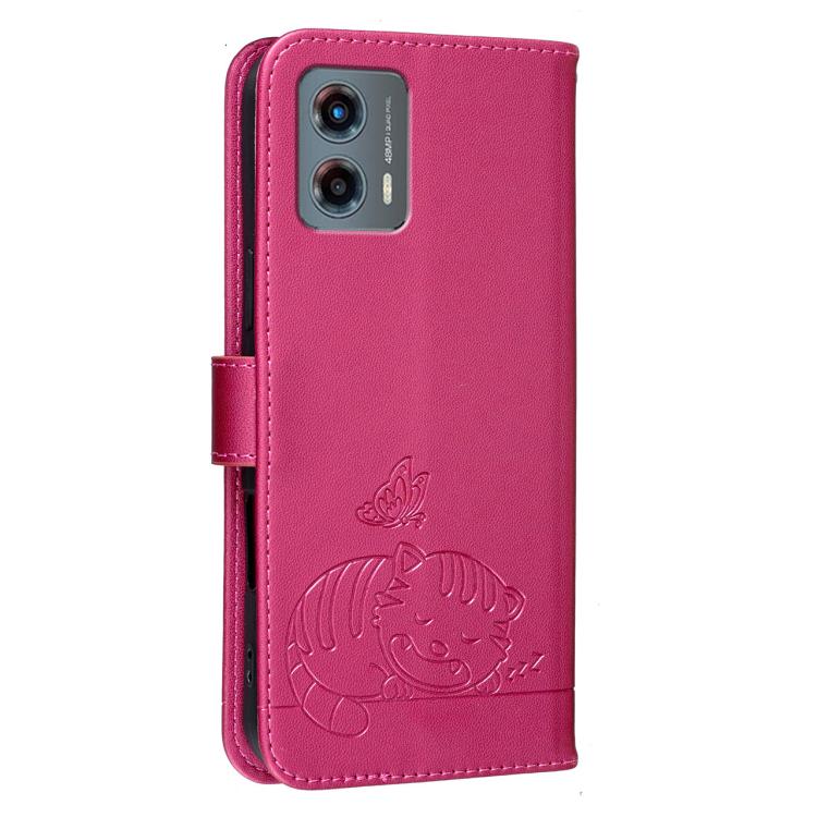 For Motorola Moto G 5G 2023 Cat Butterfly Embossed RFID Vegan Leather Phone Case with Strap