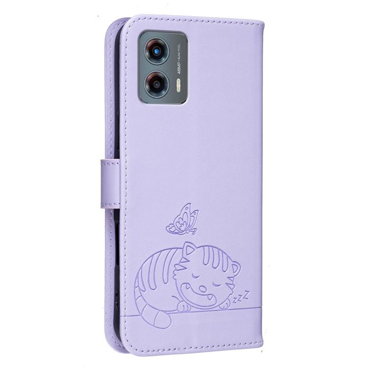 For Motorola Moto G 5G 2023 Cat Butterfly Embossed RFID Vegan Leather Phone Case with Strap