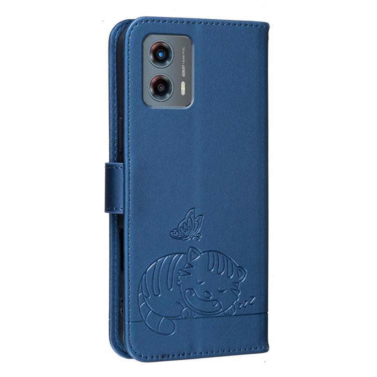 For Motorola Moto G 5G 2023 Cat Butterfly Embossed RFID Vegan Leather Phone Case with Strap