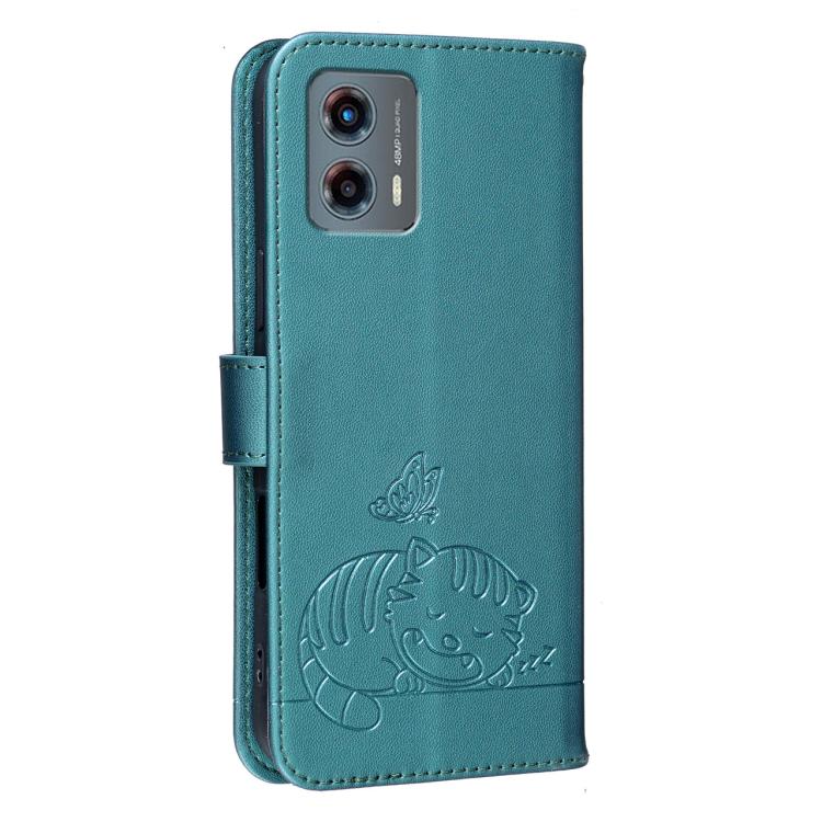 For Motorola Moto G 5G 2023 Cat Butterfly Embossed RFID Vegan Leather Phone Case with Strap