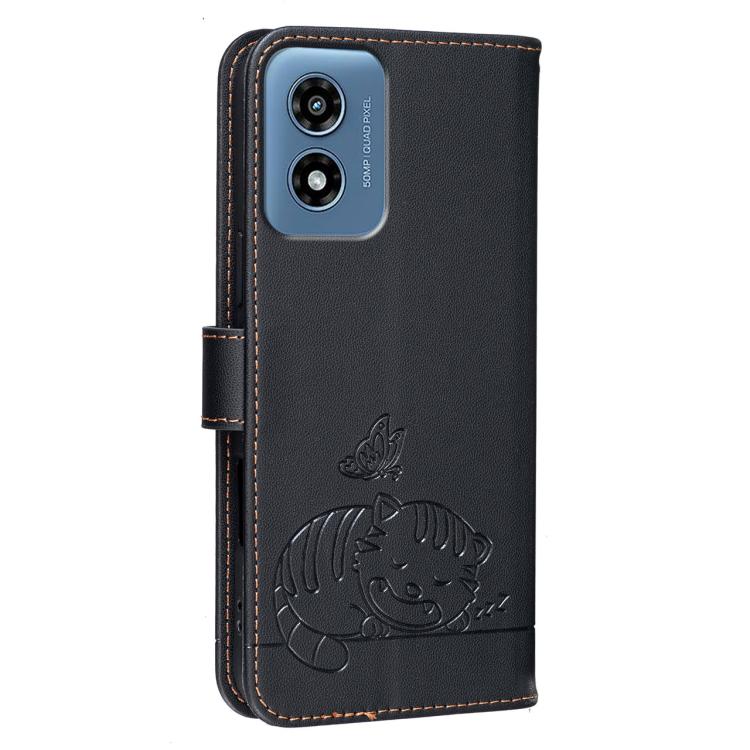 For Motorola Moto G 5G 2024 Cat Butterfly Embossed RFID Vegan Leather Phone Case with Strap