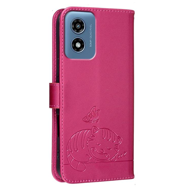For Motorola Moto G 5G 2024 Cat Butterfly Embossed RFID Vegan Leather Phone Case with Strap