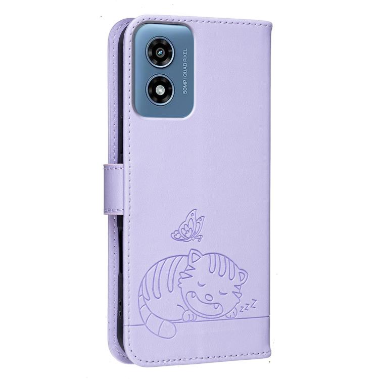 For Motorola Moto G 5G 2024 Cat Butterfly Embossed RFID Vegan Leather Phone Case with Strap