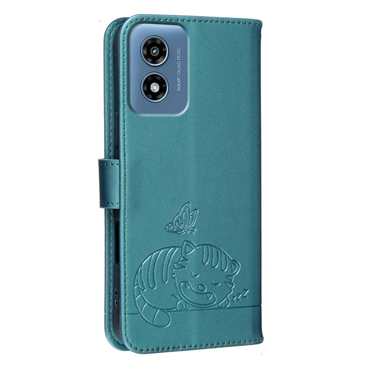 For Motorola Moto G 5G 2024 Cat Butterfly Embossed RFID Vegan Leather Phone Case with Strap