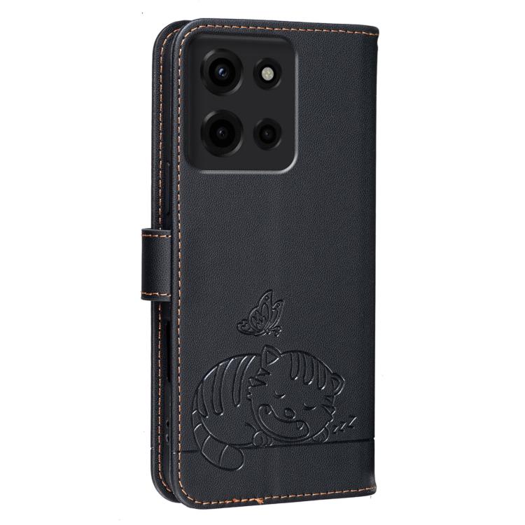 For Motorola Moto G 5G 2025 Cat Butterfly Embossed RFID Vegan Leather Phone Case with Strap