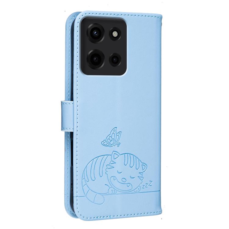 For Motorola Moto G 5G 2025 Cat Butterfly Embossed RFID Vegan Leather Phone Case with Strap