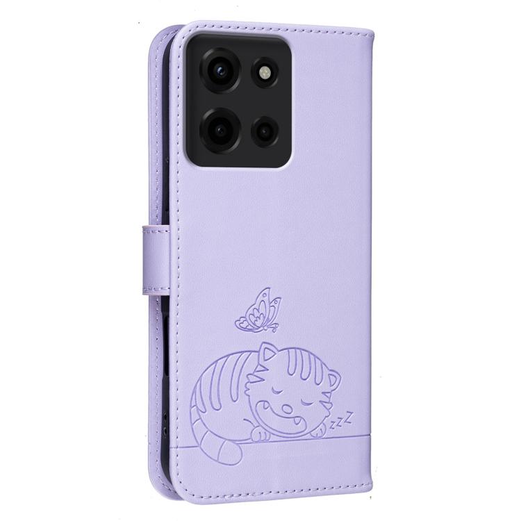 For Motorola Moto G 5G 2025 Cat Butterfly Embossed RFID Vegan Leather Phone Case with Strap