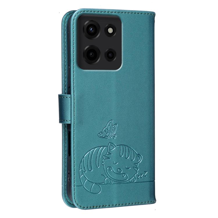 For Motorola Moto G 5G 2025 Cat Butterfly Embossed RFID Vegan Leather Phone Case with Strap