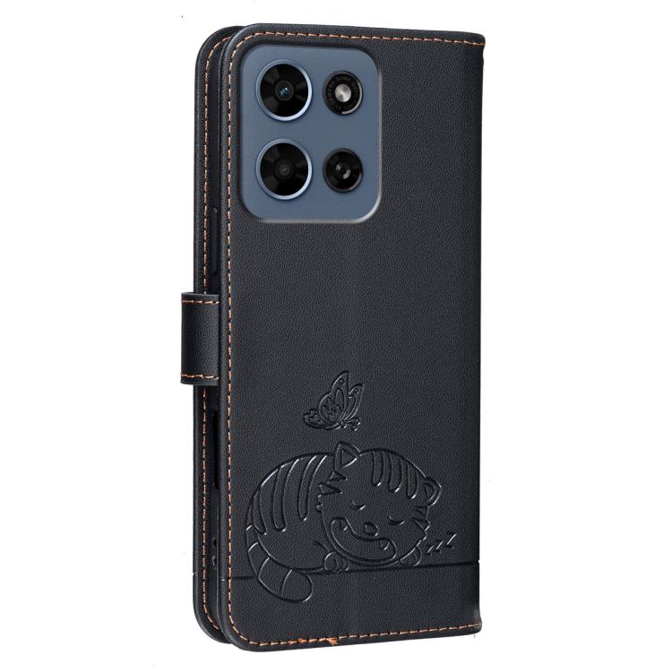 For Motorola Moto G 2026 Cat Butterfly Embossed RFID Vegan Leather Phone Case with Strap