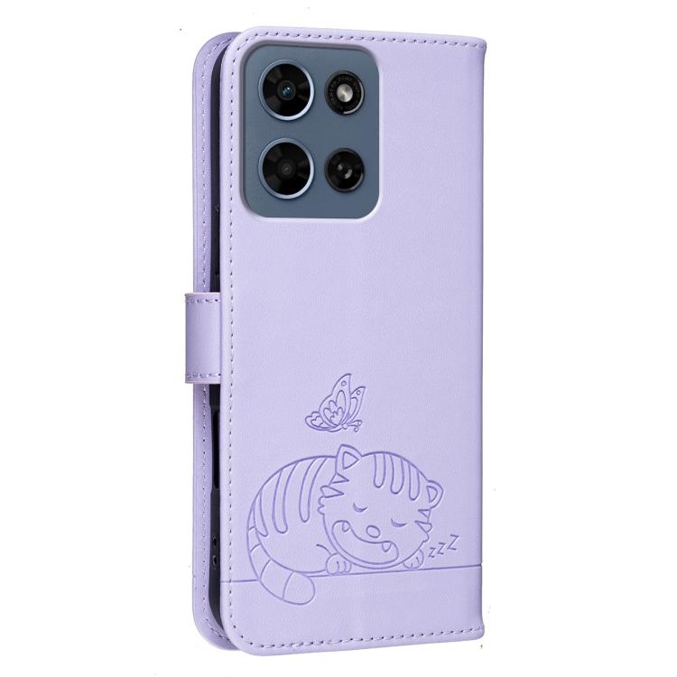 For Motorola Moto G 2026 Cat Butterfly Embossed RFID Vegan Leather Phone Case with Strap
