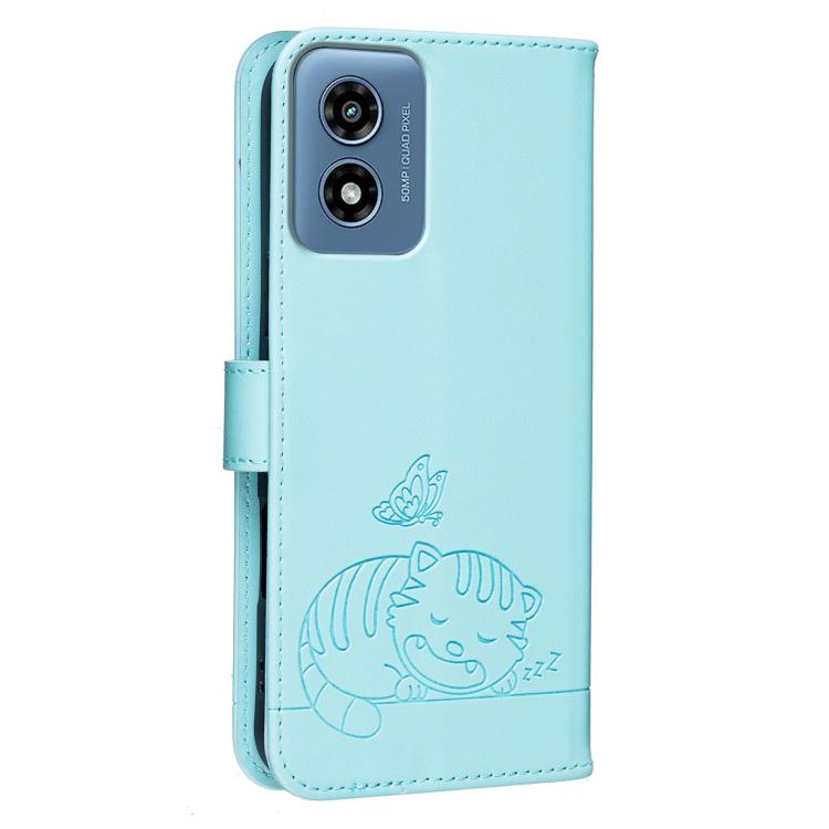 For Motorola Moto G Play 4G 2024 Cat Butterfly Embossed RFID Vegan Leather Phone Case with Strap