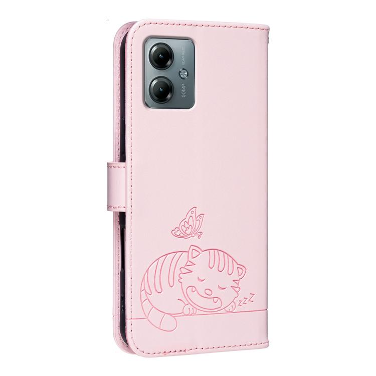 For Motorola Moto G Play 2025 Cat Butterfly Embossed RFID Vegan Leather Phone Case with Strap