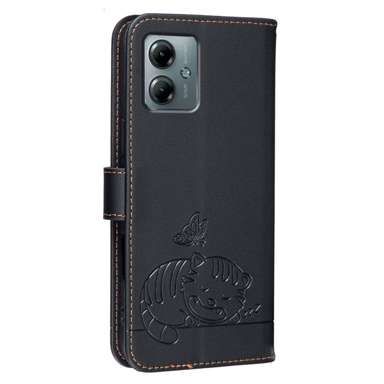 For Motorola Moto G Play 2025 Cat Butterfly Embossed RFID Vegan Leather Phone Case with Strap