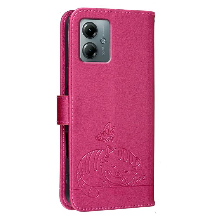 For Motorola Moto G Play 2025 Cat Butterfly Embossed RFID Vegan Leather Phone Case with Strap