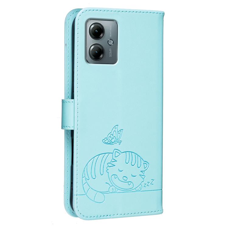 For Motorola Moto G Play 2025 Cat Butterfly Embossed RFID Vegan Leather Phone Case with Strap