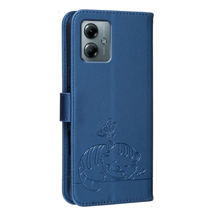 For Motorola Moto G Play 2025 Cat Butterfly Embossed RFID Vegan Leather Phone Case with Strap