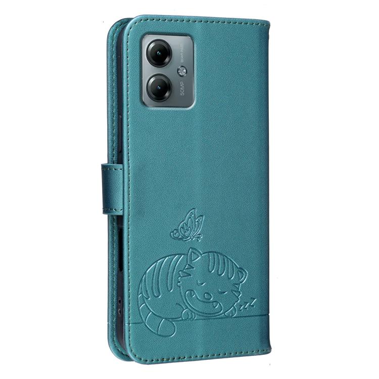 For Motorola Moto G Play 2025 Cat Butterfly Embossed RFID Vegan Leather Phone Case with Strap