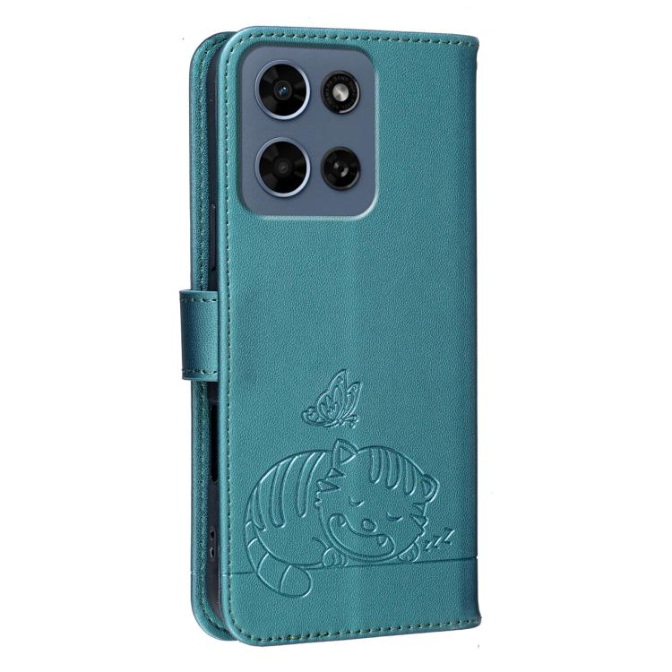 For Motorola Moto G Play 2026 Cat Butterfly Embossed RFID Vegan Leather Phone Case with Strap