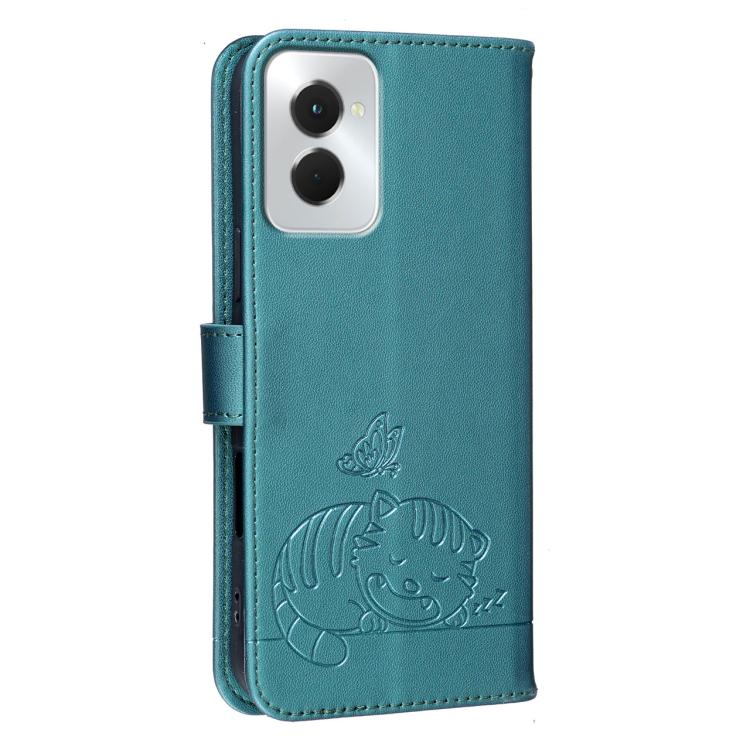 For Motorola Moto G Power 5G 2024 Cat Butterfly Embossed RFID Vegan Leather Phone Case with Strap