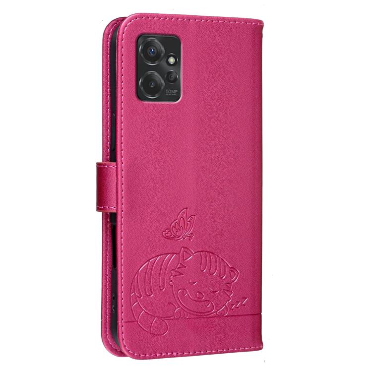 For Motorola Moto G Power 2023 Cat Butterfly Embossed RFID Vegan Leather Phone Case with Strap