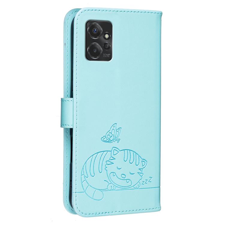 For Motorola Moto G Power 2023 Cat Butterfly Embossed RFID Vegan Leather Phone Case with Strap