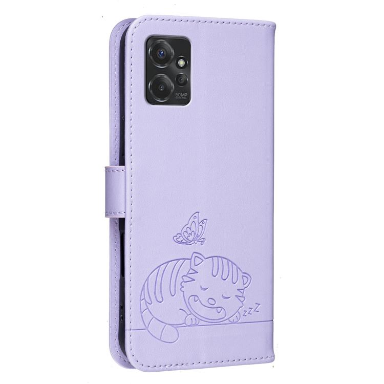For Motorola Moto G Power 2023 Cat Butterfly Embossed RFID Vegan Leather Phone Case with Strap