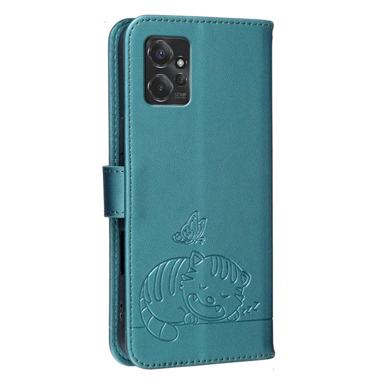 For Motorola Moto G Power 2023 Cat Butterfly Embossed RFID Vegan Leather Phone Case with Strap