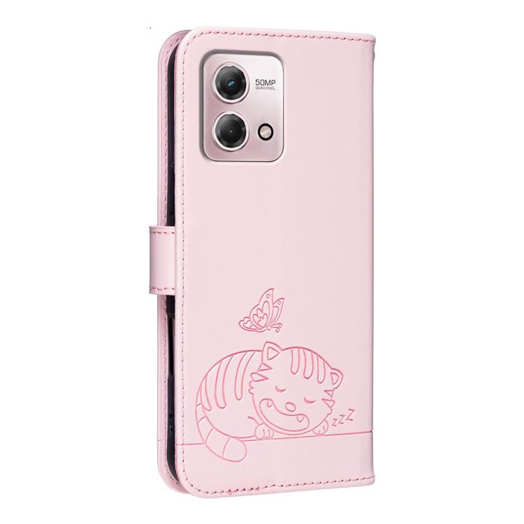 For Motorola Moto G Stylus 4G 2023 Cat Butterfly Embossed RFID Vegan Leather Phone Case with Strap