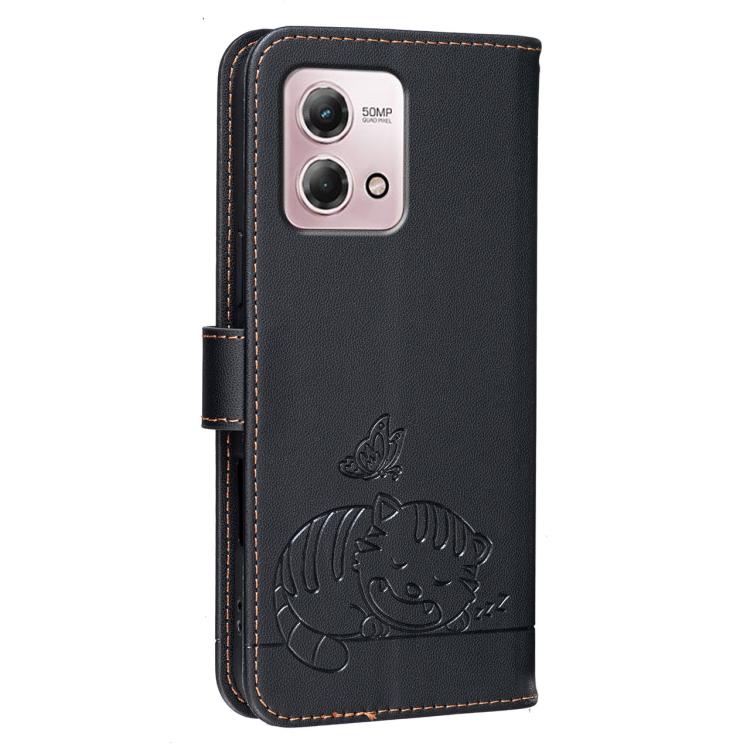 For Motorola Moto G Stylus 4G 2023 Cat Butterfly Embossed RFID Vegan Leather Phone Case with Strap