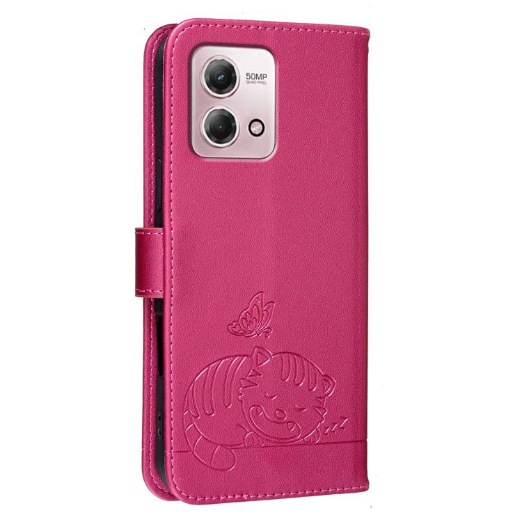 For Motorola Moto G Stylus 4G 2023 Cat Butterfly Embossed RFID Vegan Leather Phone Case with Strap