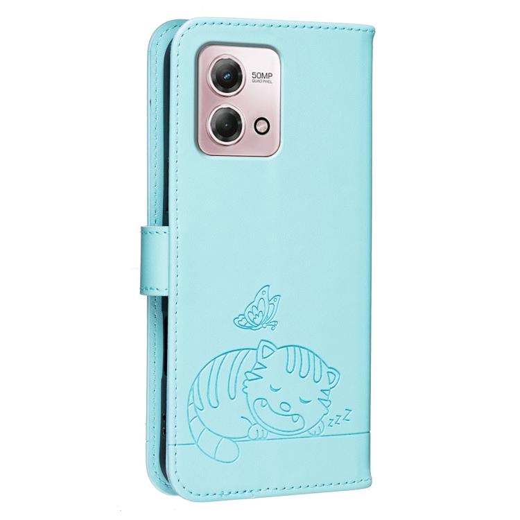 For Motorola Moto G Stylus 4G 2023 Cat Butterfly Embossed RFID Vegan Leather Phone Case with Strap