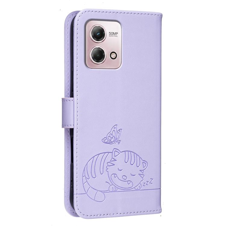 For Motorola Moto G Stylus 4G 2023 Cat Butterfly Embossed RFID Vegan Leather Phone Case with Strap